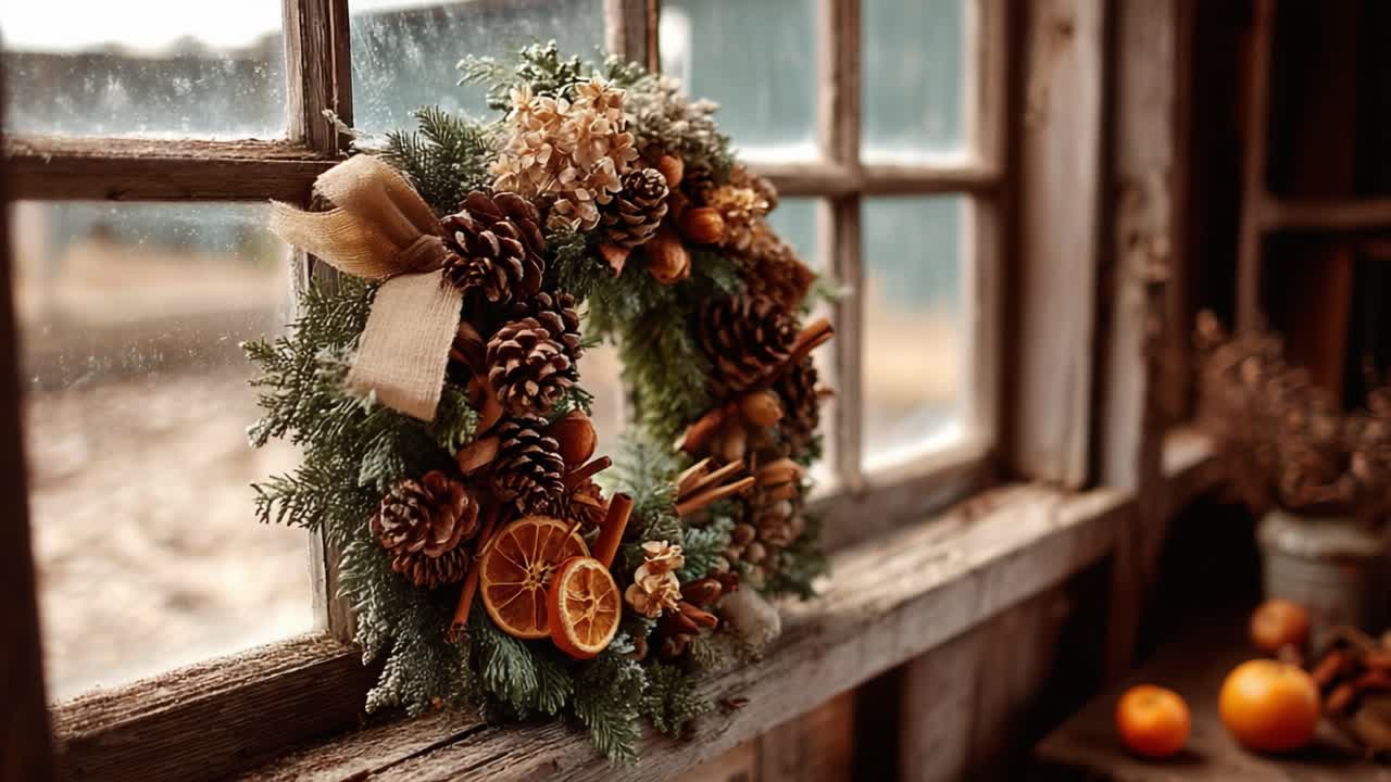 Beautiful Holiday Wreath Adorned with Pinecones, Dried Oranges, and Spices in a Rustic Window Setting, Capturing the Spirit of Seasonal Decor and Warmth