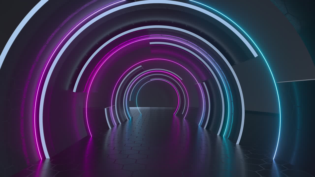 rotación del túnel oscuro con líneas brillantes de neón, renderización en 3d.