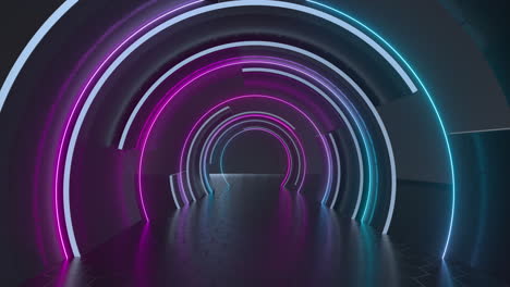 rotation of the dark tunnel with neon glowing lines, 3d rendering.