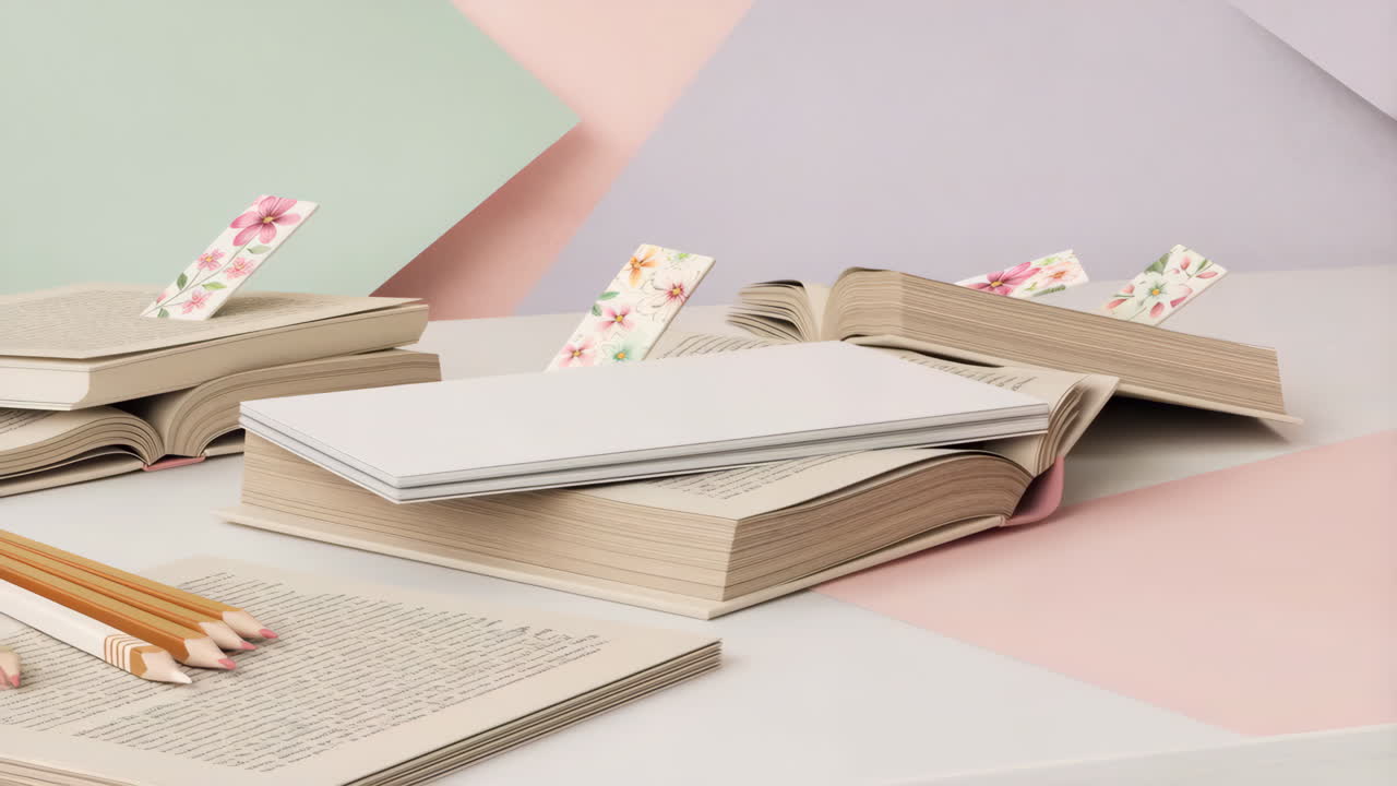 Aesthetic Study Scene with Books, Bookmarks, and Pencils