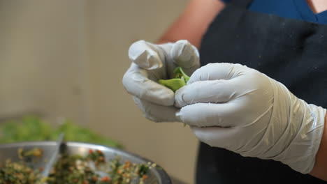 Chef-hands-gently-close-traditional-Chinese-dumpling,-making-veggie-dumpling,-slow-motion-close-up-4K