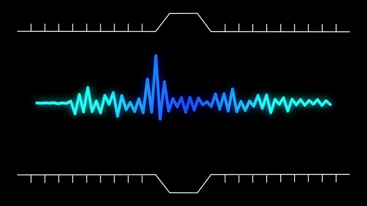 Colorful sound wave animation with futuristic interface elements on black background