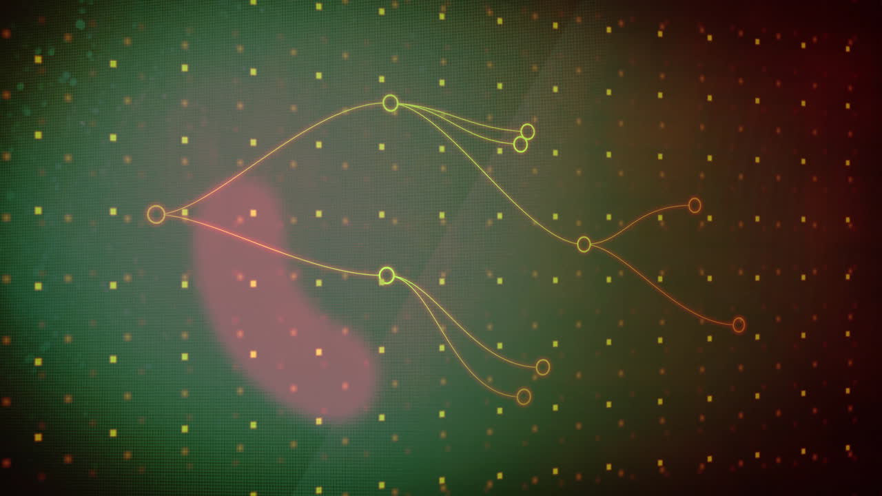 Glowing network animating over green to red gradient, connecting neon circles and pixel squares