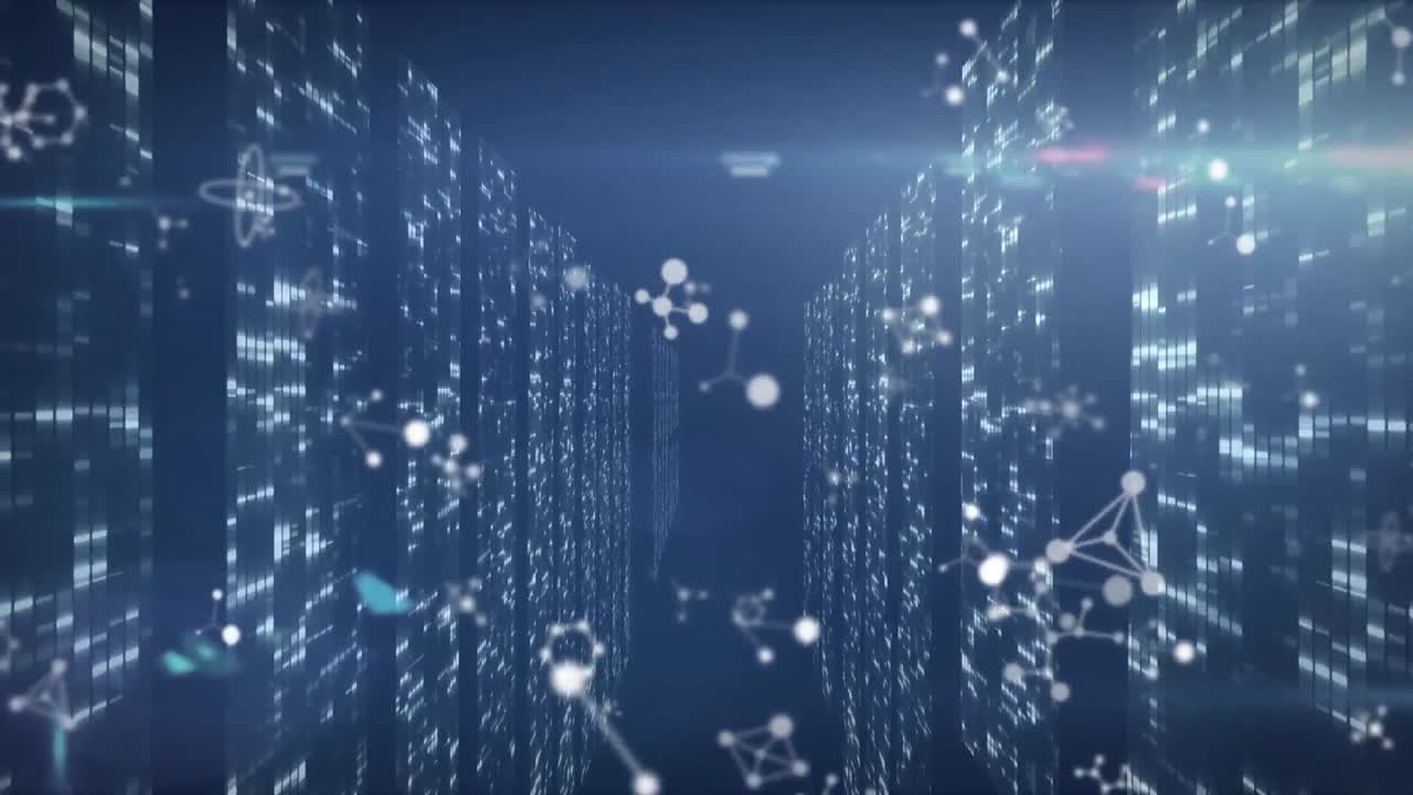 Animation of light spots over moving shapes on blue background