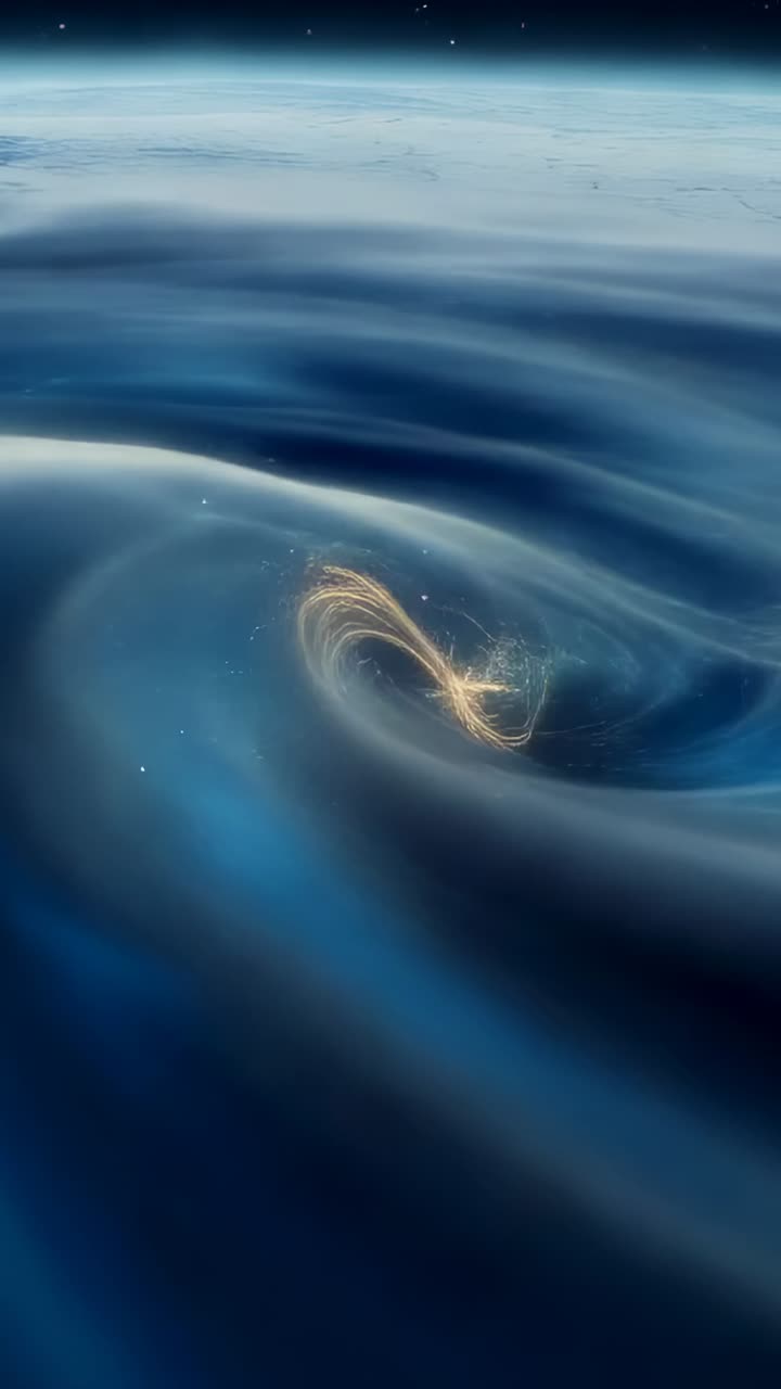 Vertical video: Spinning dark vortex deepening above horizon, shards drifting forming gold filament