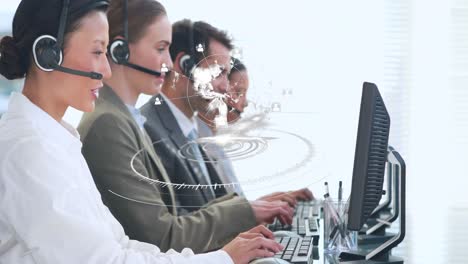 Animation-of-scope-scanning-over-business-people-using-phone-headsets