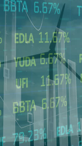 animación de estadísticas y procesamiento de datos sobre la turbina eólica sobre fondo azul