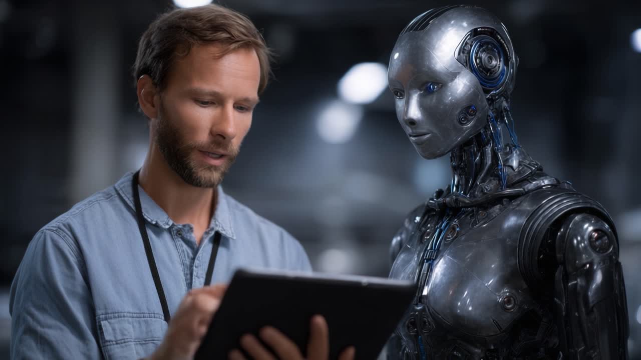 Un umano collabora con un robot avanzato, esplorando l'intersezione tra tecnologia e umanità in un'ambientazione futuristica ricca di possibilità.