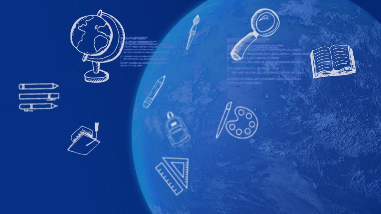 Ikon masuk yang muncul dari kiri, mengambang dan berputar melintasi planet, menunjukkan pembelajaran global.