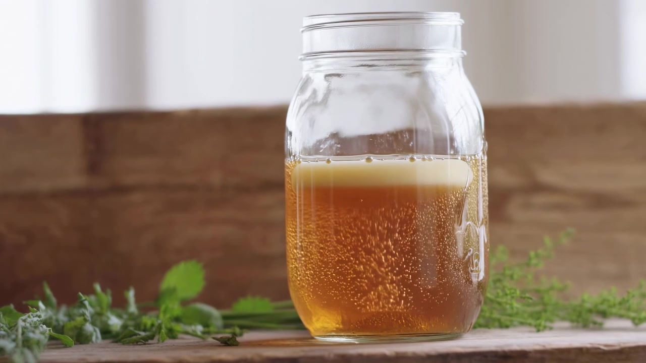 Vista all'altezza degli occhi di un barattolo di vetro riempito con una bevanda gassata ambrata, anello di schiuma pallida, bollicine che salgono, riflessi chiari del vetro, tavolo in legno rustico e luce naturale soffusa per un uso in uno stile di vita sano.