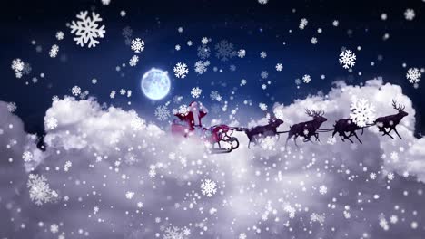 Animation-of-snow-falling-over-christmas-santa-claus-in-sleigh-with-reindeer