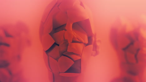 destroyed android heads on spikes on the neon pink background