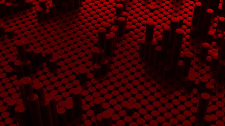 Abstract red metallic chrome background with cylinders. Ceramic round tiles. Geometry pattern. Random cells. Polygonal glossy surface. Futuristic abstraction. Seamless loop 3d animation of 4K