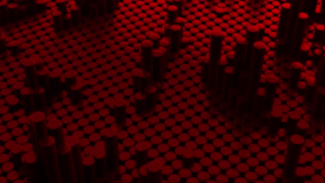 fondo cromado metálico rojo abstracto con cilindros. azulejos cerámicos redondos. patrón de geometría. células aleatorias. superficie poligonal brillante. abstracción futurista. bucle sin costuras animación 3d de 4k