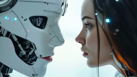 a woman and a robot face to face in a futuristic setting