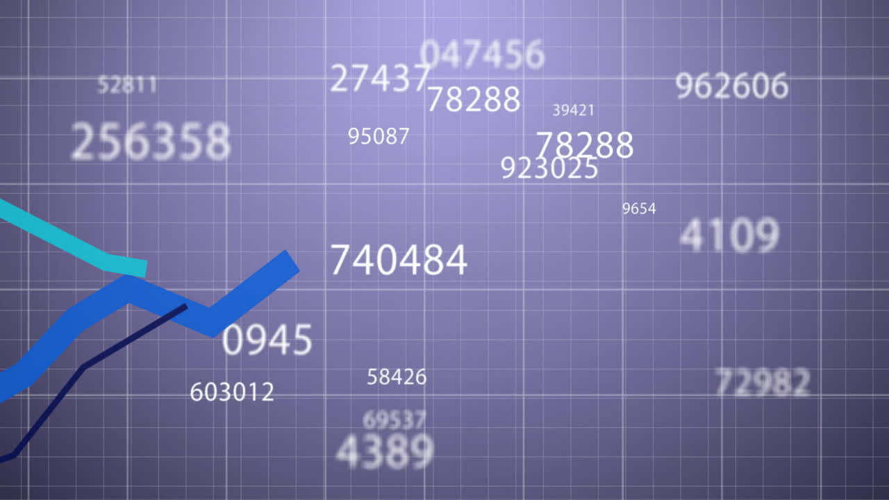 Animation of financial data processing over grid on purple background