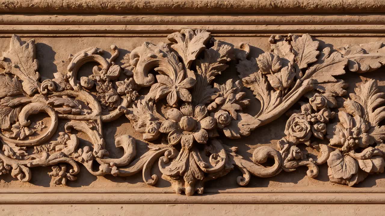 Panning camera showing carved frieze on building facade, revealing rose clusters and vine carvings