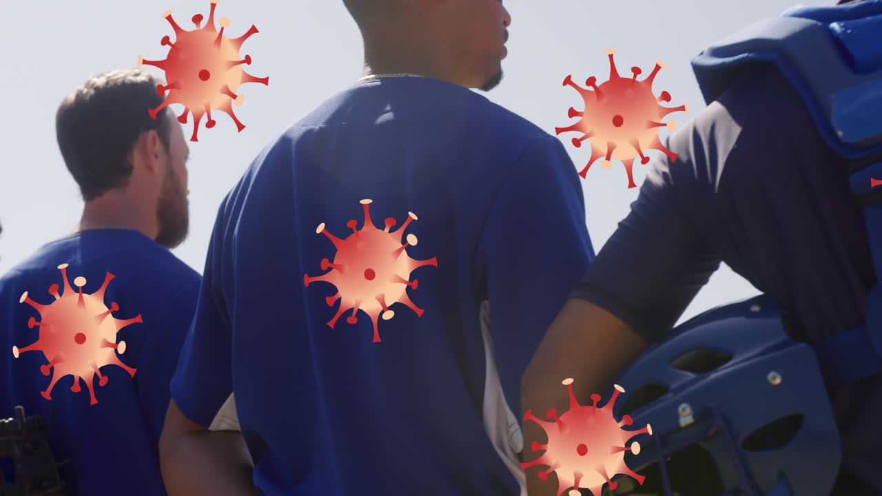 Animação de células de vírus sobre diversos jogadores de beisebol masculinos