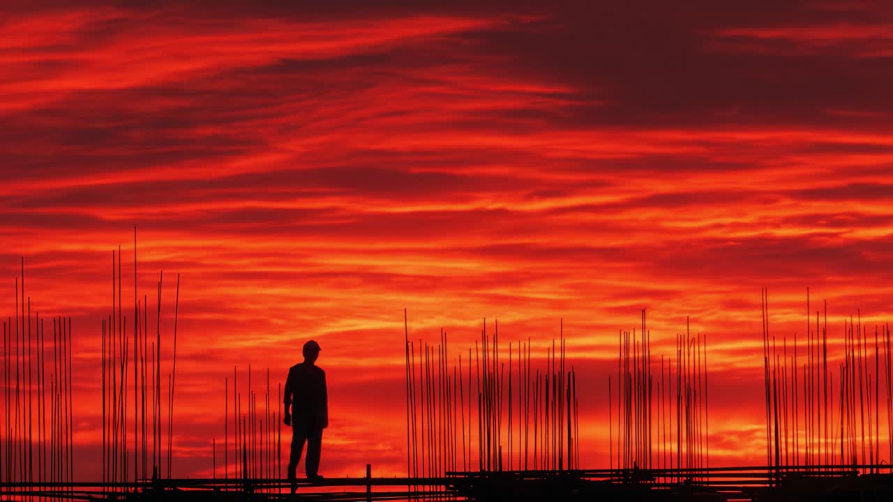 A solitary figure stands against a breathtaking sunset, with vibrant red and orange clouds illuminating the skyline, surrounded by stark silhouettes of construction rebar