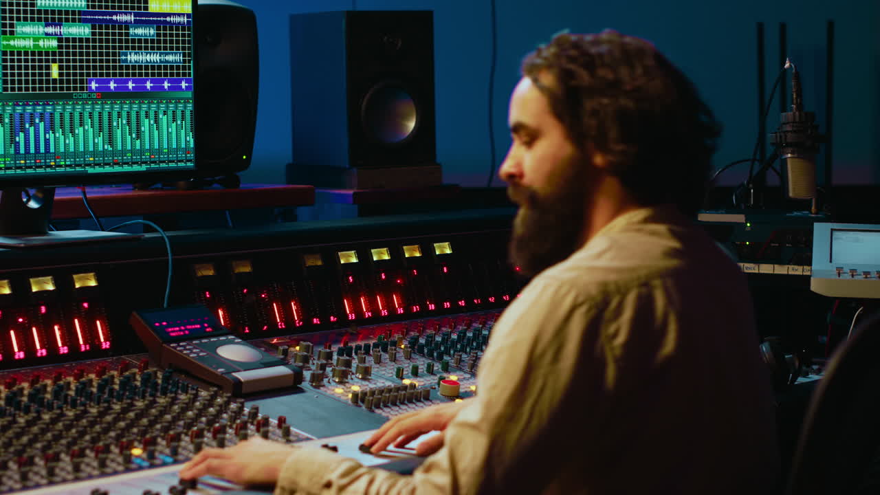 productor de música que edita pistas con consola de mezcla y software de audio en el estudio