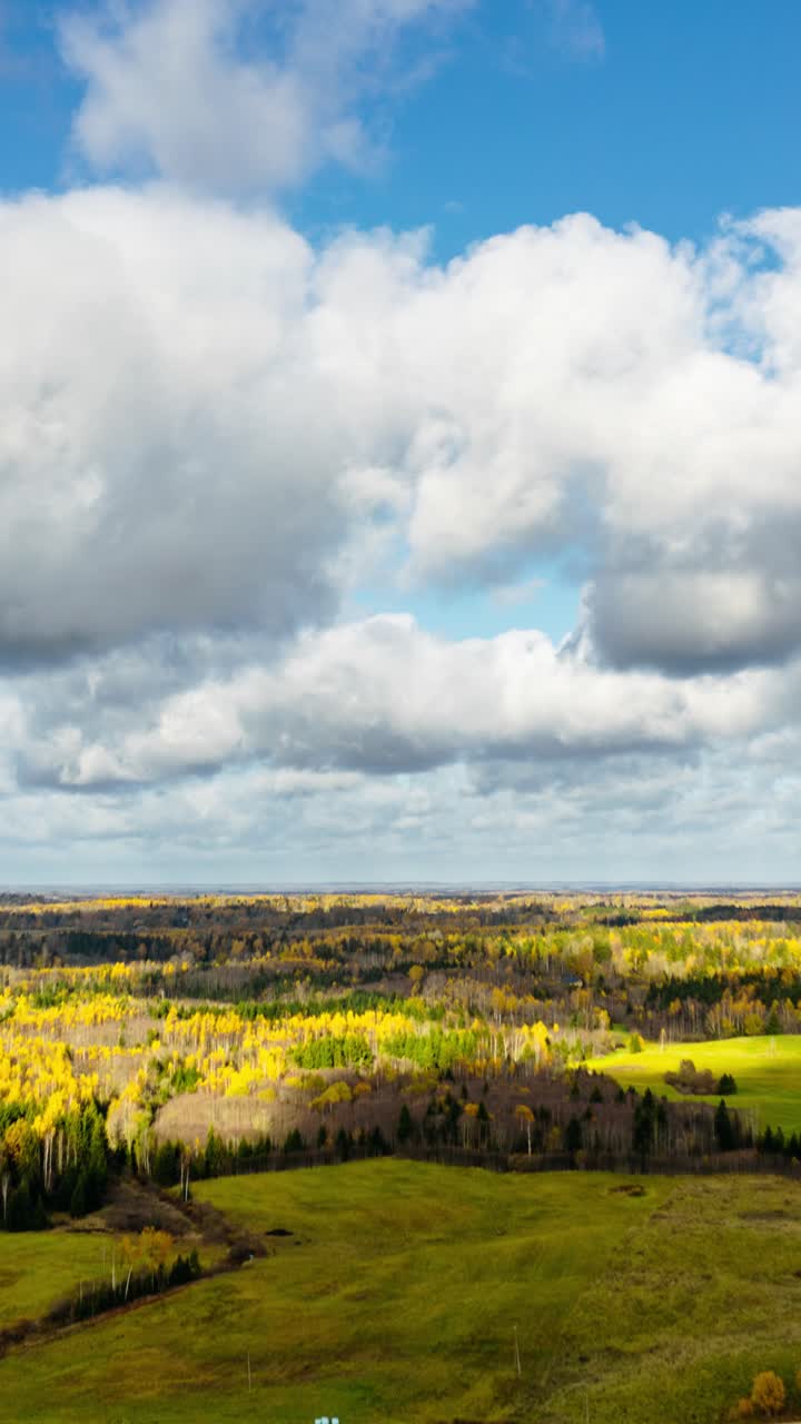 Vertical drone hyperlapse over a large area of forest with fast moving clouds in the sky. Vast views of fall colors in trees. Autumn season in countryside.