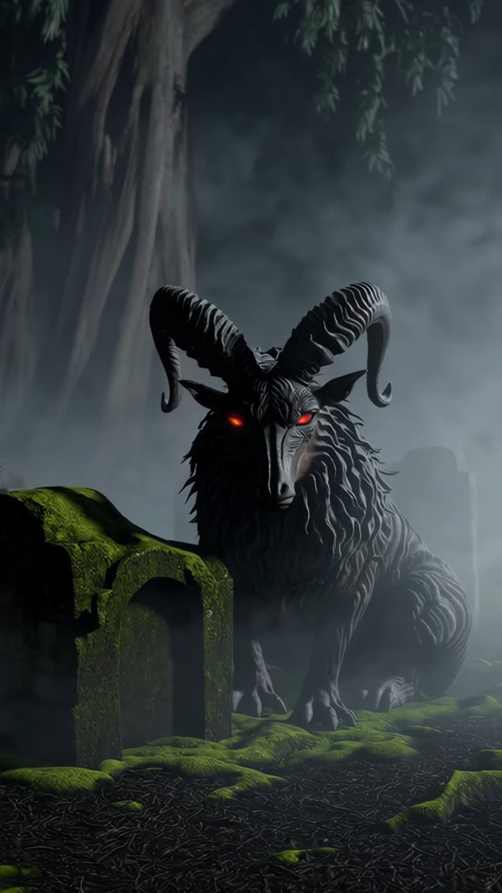 Dark Fantasy Creature in a Foggy Graveyard