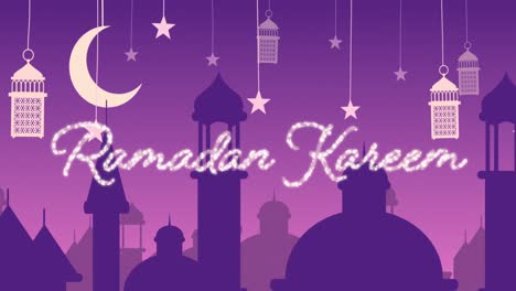 Glitzernder-Ramadan-Kareem-Gruß-Mit-Moscheen-Und-Laternen-Mit-Mond-Und-Sternen