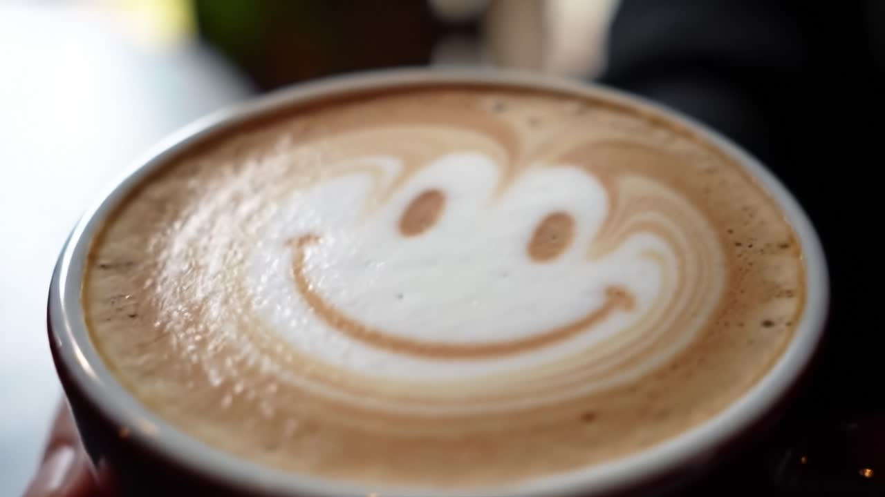 A Delightful Coffee Experience: Captivating Latte Art Featuring a Cheerful Smiley Face, Bringing Joy to Every Sip in a Warm and Inviting Café Atmosphere