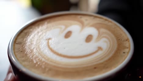 a delightful coffee experience: captivating latte art featuring a cheerful smiley face, bringing joy to every sip in a warm and inviting café atmosphere
