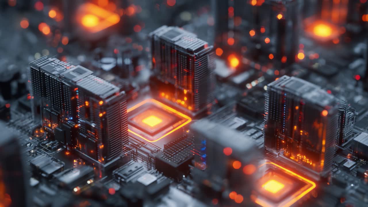 An Intricate Overview of a Futuristic Circuit Board with Glowing Processors and a Network of Interconnected Components in a High-Tech Environment