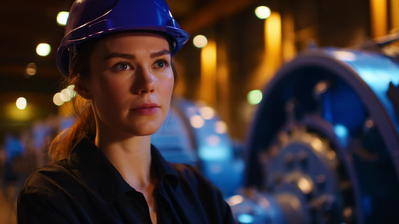 Un'ingegnera concentrata, con un cappello blu e una tuta scura, si trova in un ambiente industriale ben illuminato e sembra pensierosa mentre esamina i macchinari e le attrezzature che la circondano, riflettendo determinazione e competenza
