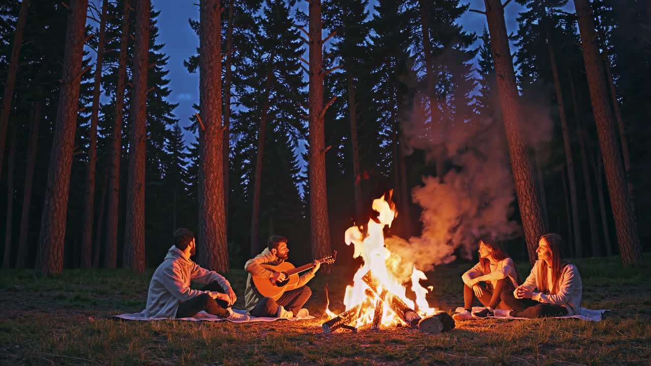 A cozy campfire scene in a forest at dusk, captured from a low angle