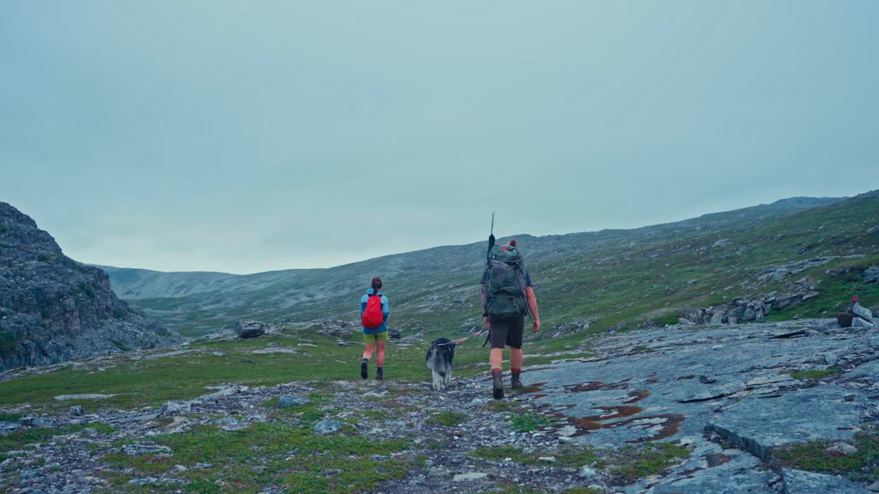 Couple Of Hikers Hike In The Mountain With Their Dog. - wide shot