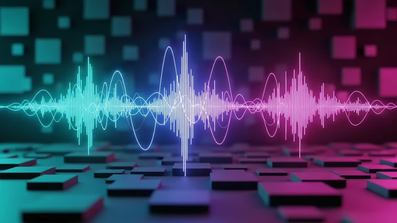 Visual Representation of Sound Waves Displaying Dynamic Audio Frequencies in a Vibrant Color Palette Across an Abstract Background of Geometric Patterns