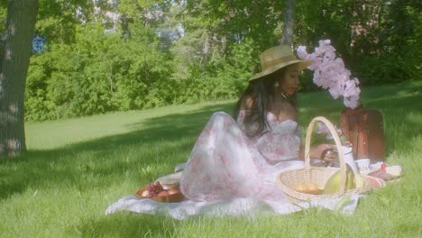 black woman pouring drinking tea in a park picnic blankets static