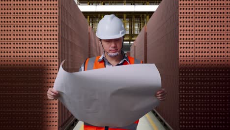 asian male engineer with safety helmet looking at blueprint in his hands and looking around while standing with red brick packed in stacks are stored