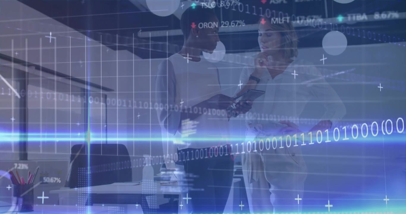 Animation of data processing over woman with laptop