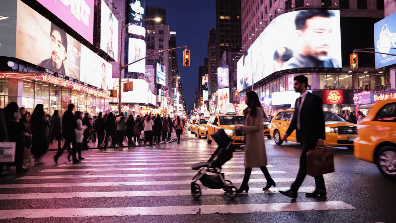 Night at Times Square: A bustling city scene with pedestrians and taxis