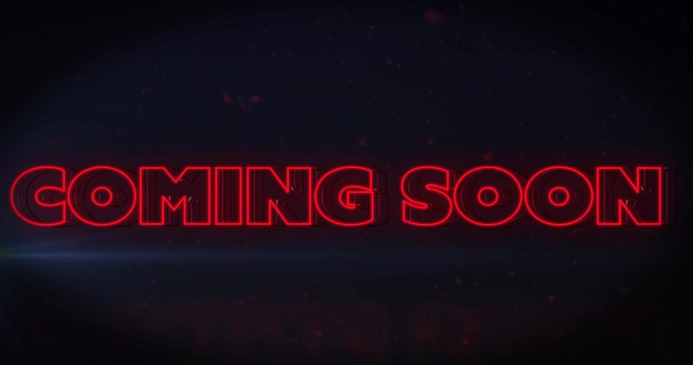 Camera panning, zooming revealing 3D neon COMING SOON, outlines pulsing, letters sliding for teaser