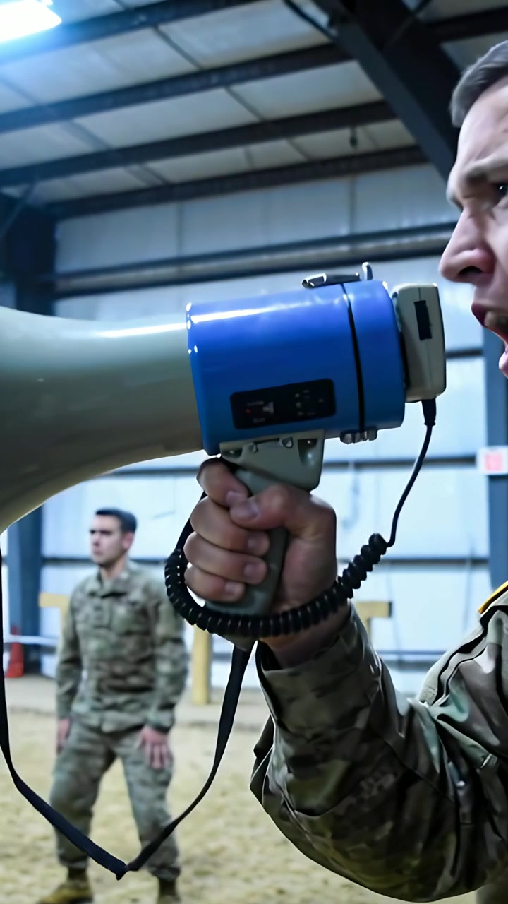 Video verticale: Regolazione della presa, leader in mimetica che impartisce ordini in un hangar con megafono, guidando la squadra