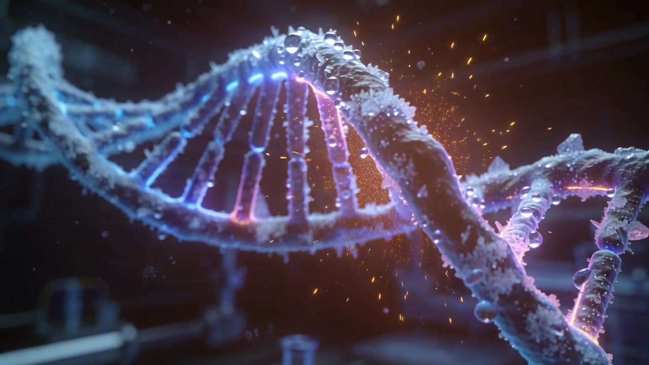 Avvio di un movimento di telecamera che ruota un'elica di DNA CGI in laboratorio rivelando pioli di coppie di basi pulsanti e goccioline