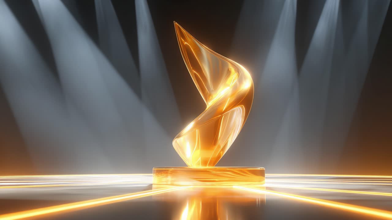 Elegant golden award trophy slowly rotating on a reflective pedestal while illuminated by white spotlights, symbolizing success, victory, achievement, and celebrating excellence in a ceremony
