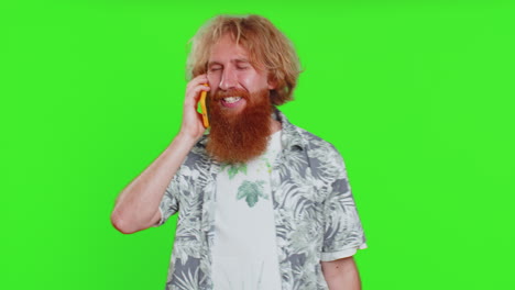 happy surprised man involved in pleasant conversation phone call good news enjoying talking gossip