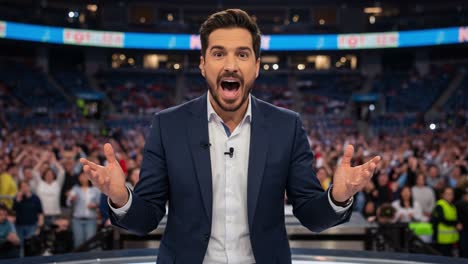 dynamic host transitioning from animated enthusiasm to composed confidence amid engaged audience in a large venue setting