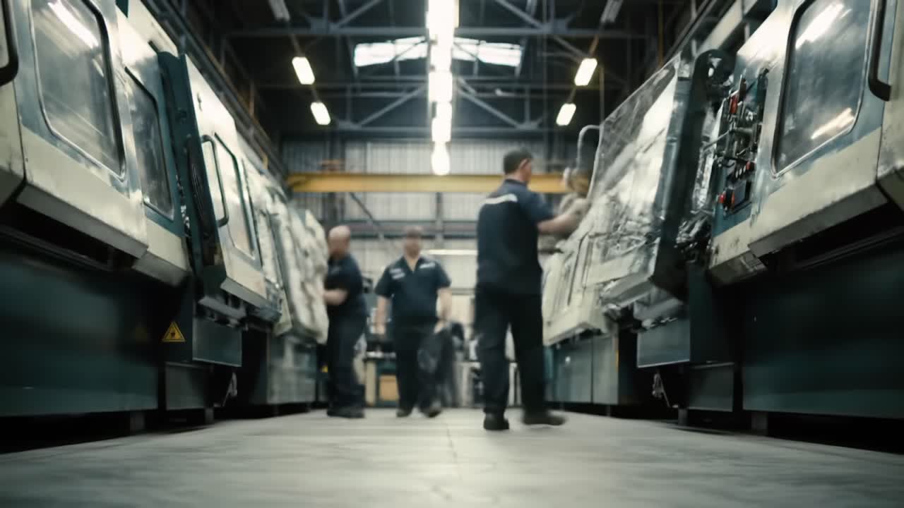 Inside a Manufacturing Facility: Workers Engaged in Precision Machinery Operations Amidst a Modern Industrial Environment