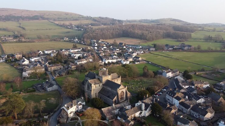 Cinematic aerial drone footage of Cartmel Village and Cartmel Priory