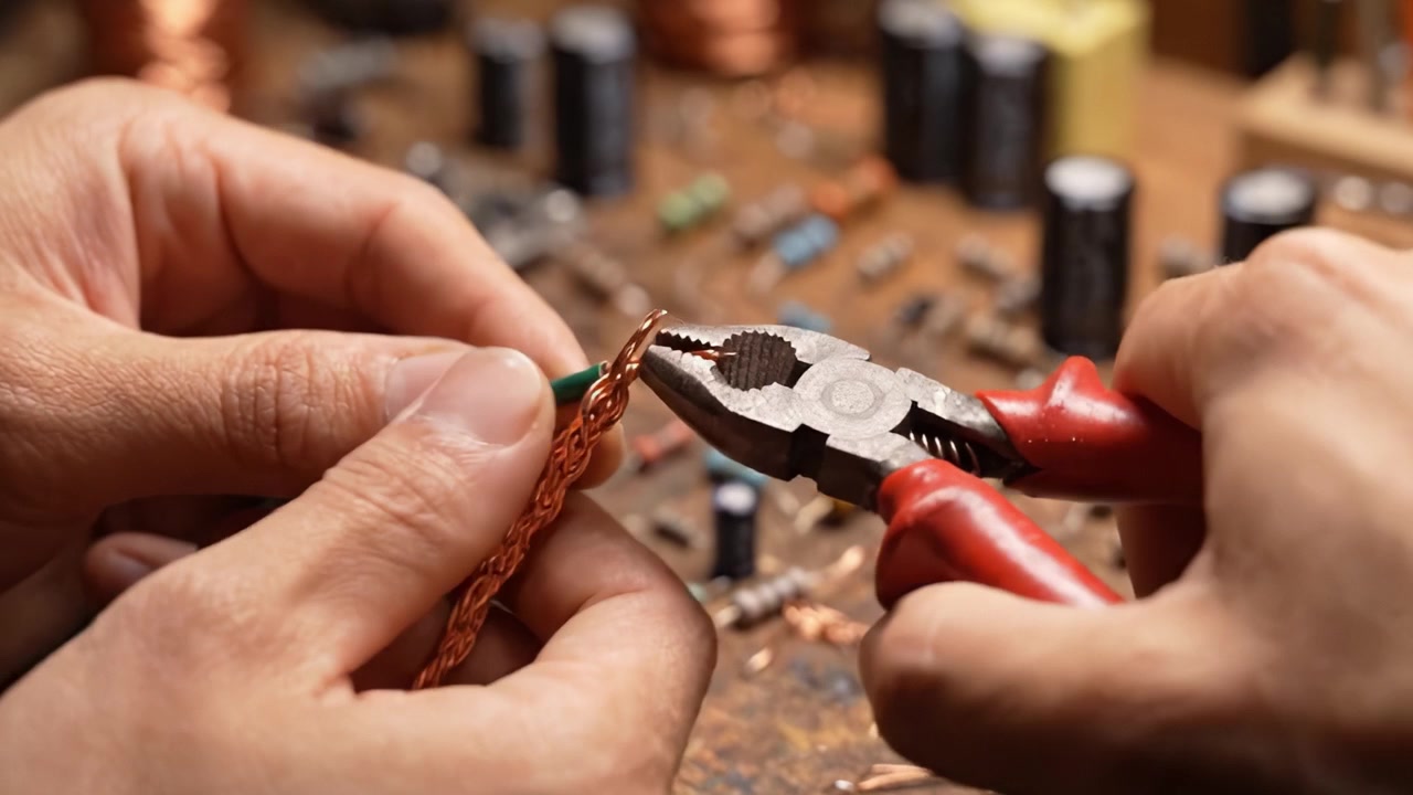 Lavorazione artigianale dettagliata in elettronica: una mano esperta che attorciglia fili di rame con delle pinze in uno spazio di lavoro organizzato pieno di componenti e strumenti.