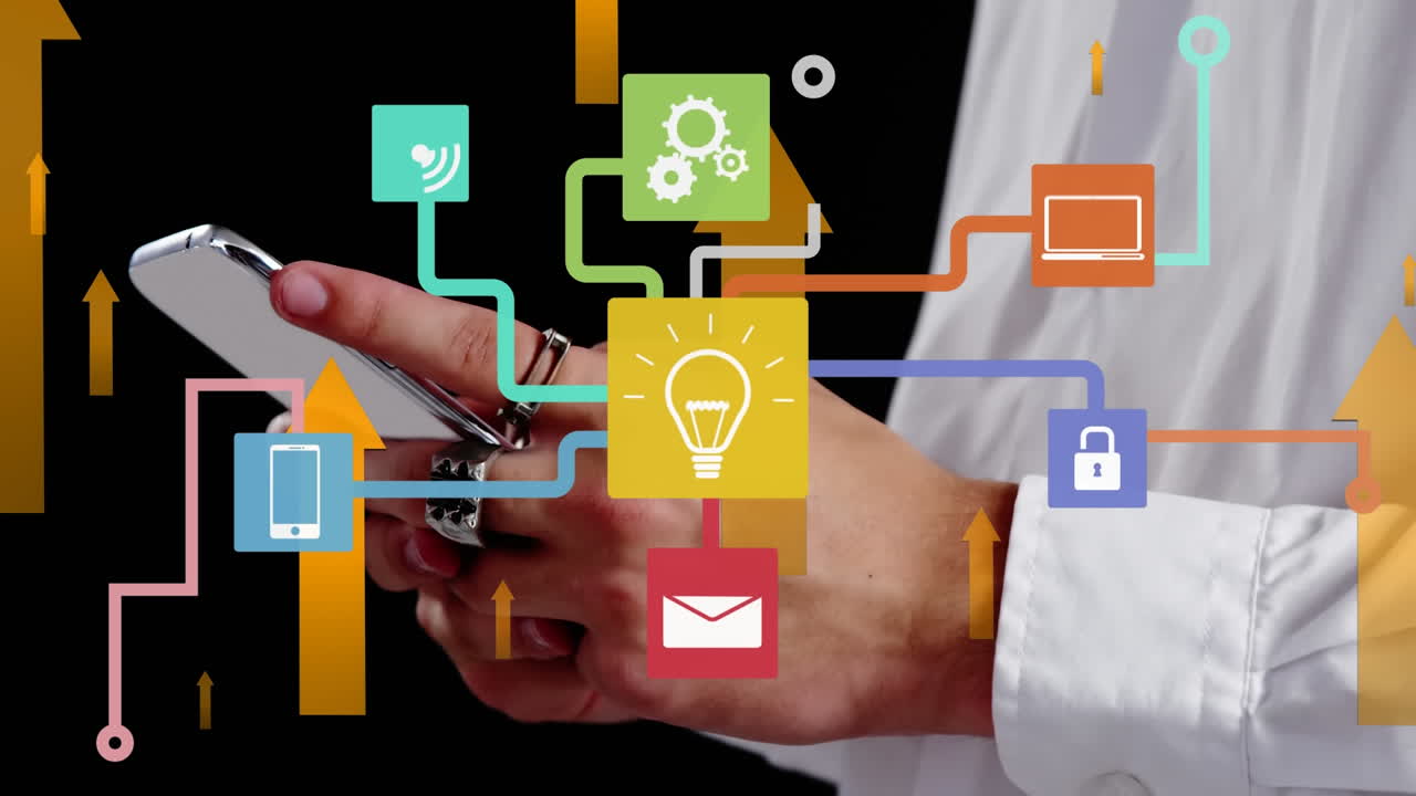 red de iconos digitales y flechas que se mueven hacia arriba contra la sección media del hombre que usa un teléfono inteligente