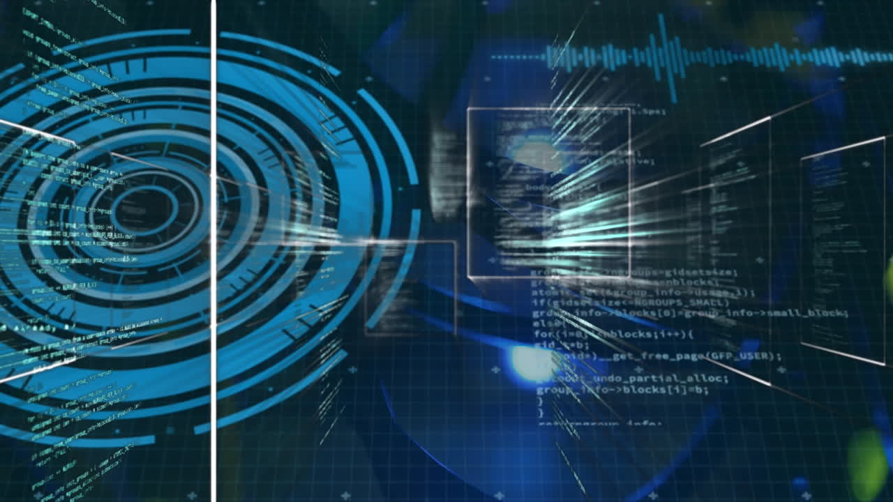 animazione di quadrati su linguaggio informatico e cerchi contro uno sfondo astratto.