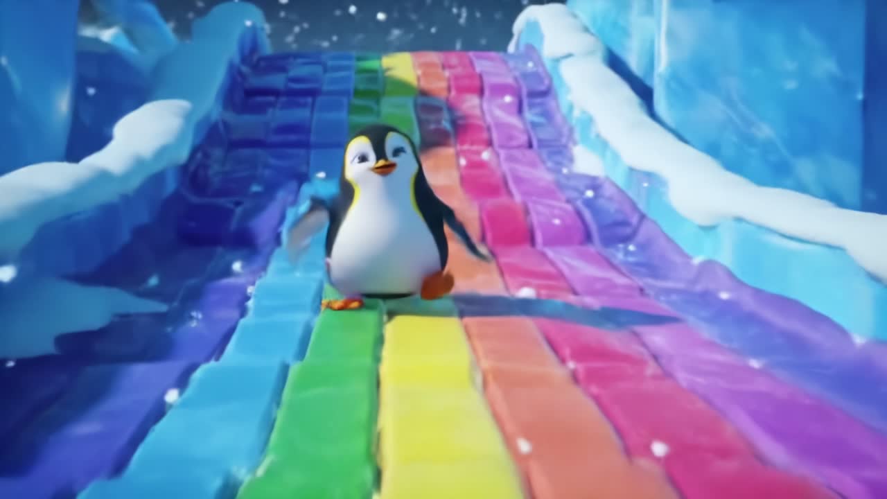 A Joyful Penguin Sliding Down a Colorful Rainbow Path in a Winter Wonderland, Capturing the Essence of Playfulness and Fun in a Vibrantly Animated Scene